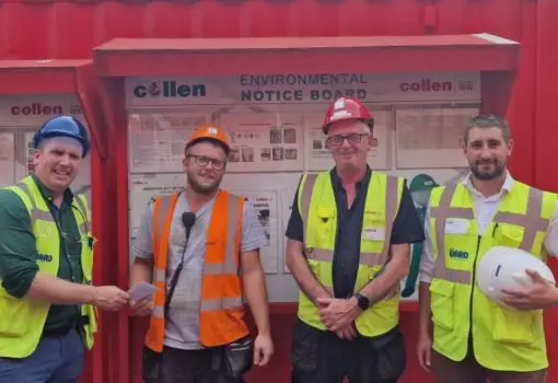 David being presented with his €250 One4All voucher by Brian Goode, Ward Personnel Dublin Regional Manager. Also in the photo is Damian Groome, Site Manager with Collen Construction and Aleksa Bugarski, Commercial Manager with Ward Personnel International Sourcing Division.