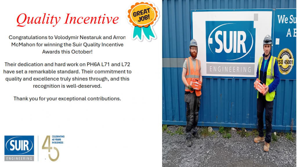 It always great to see our site operatives getting on well and being recognised by our clients for their efforts and hard work. Its terrific to see Volodymir Nestaruk, who is a skilled electrician, being awarded a site quality award by our valued client, Suir Engineering, as outlined in the attached notice.